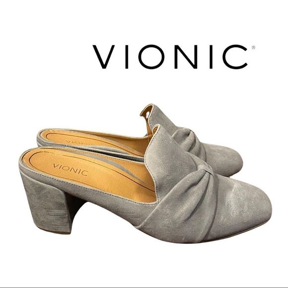 NEW Vionic "Plaza Presley" Charcoal Grey Suede Leather Heeled Mules 10 - Picture 2 of 6